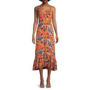 Likely Timble Tiered Midi Special Occasion Dress Floral Orange Sleeveless Size 4